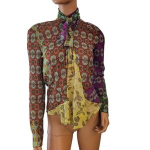 Zara Womens Colorful Zodiac Tie Front Beaded Tassel Blouse Size XS Boho Hippie